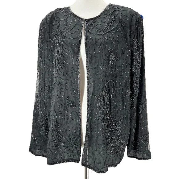 Laurence Kazar Jacket 3X silk beaded 1980's Paris New York black women's Vintage - Picture 8 of 12